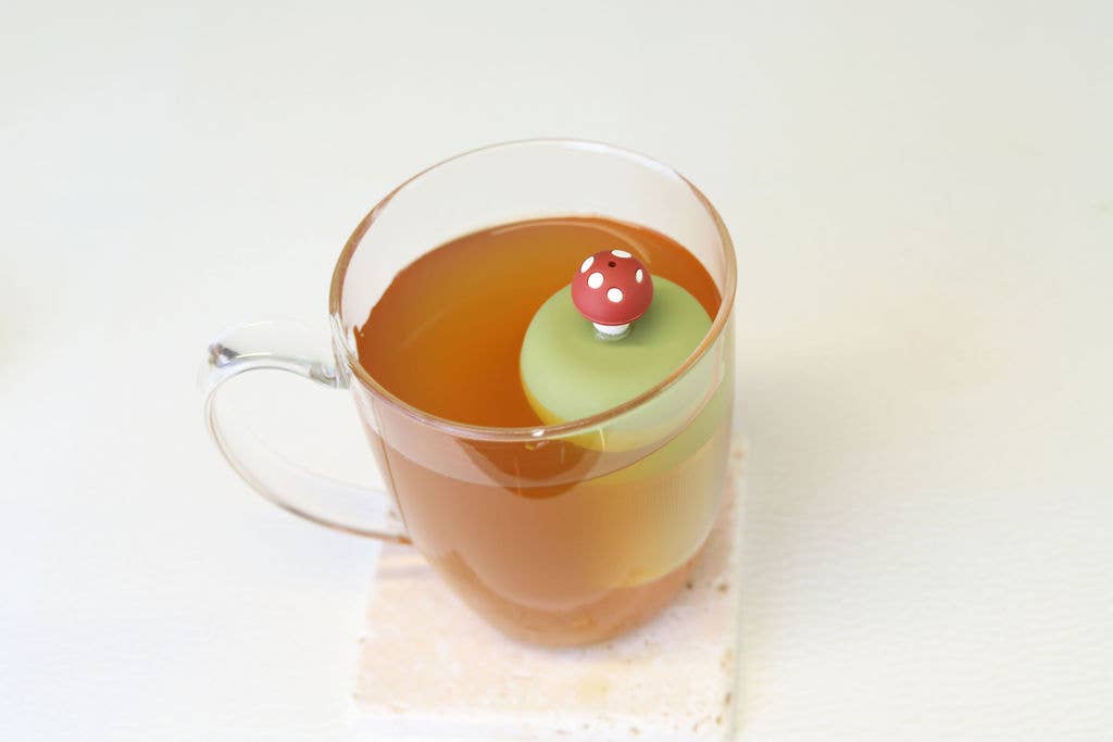 Mushroom | Floating Tea Steeper | Green Base | Red: Earth Green / Candy Apple Red Mushroom