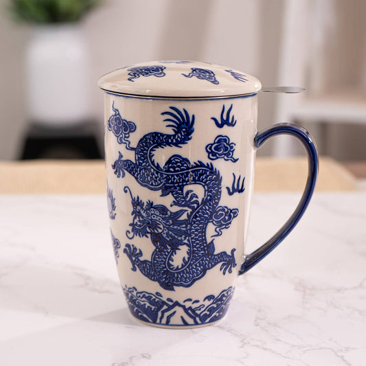 Oriental Ryu Dragon Design 15oz Tea Mugs with Lid and Infuse