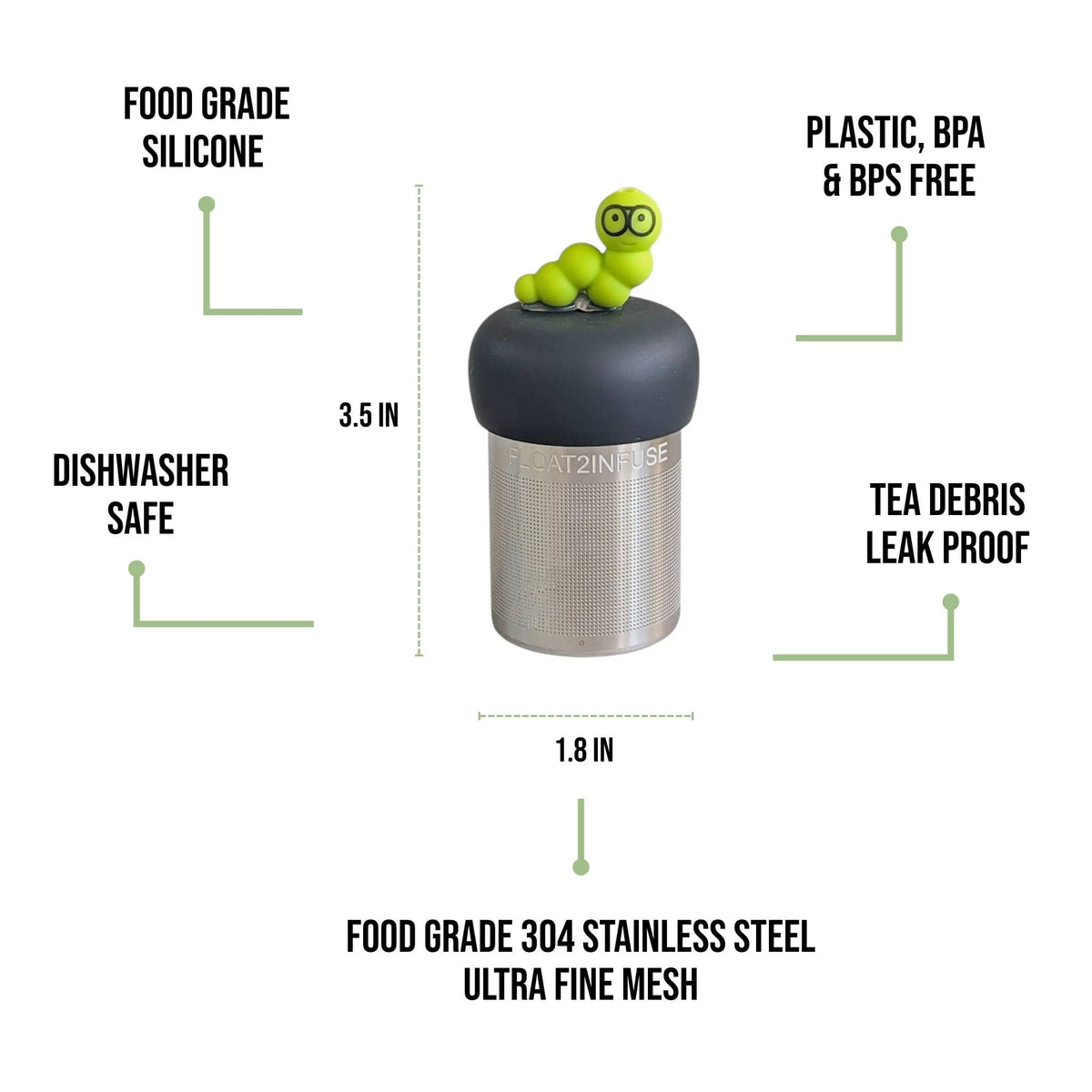 Bookworm | Floating Tea Steeper | Grey Base | Green Worm
