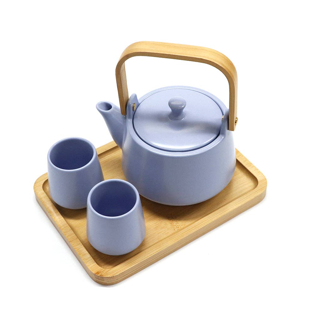 Blue Matte Glazed Tea Set 22 oz Tea Pot with 2 Cups and Wooden Tray (1/12)