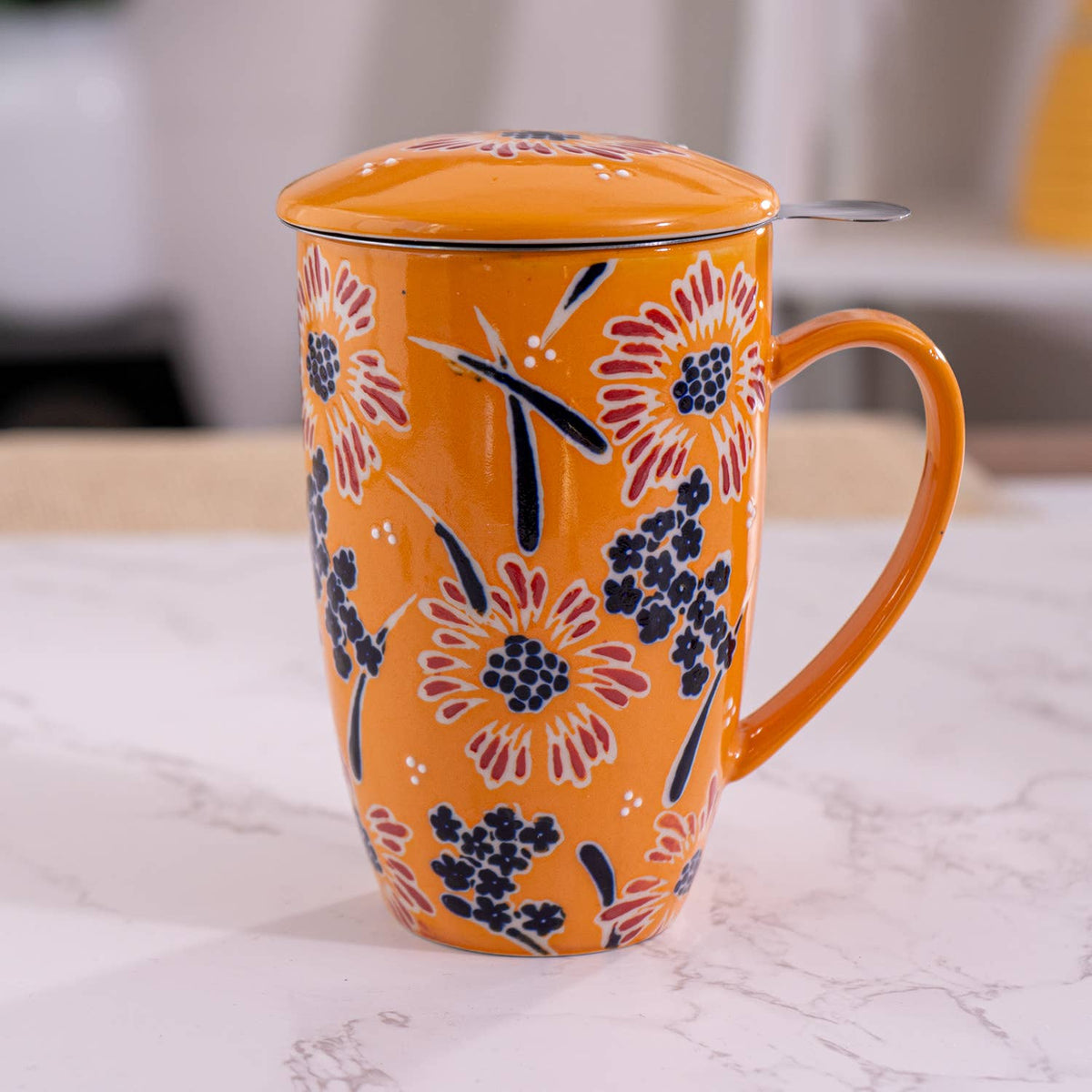 Yellow Flower Design 15oz Tea Mugs with Lid and Infuser