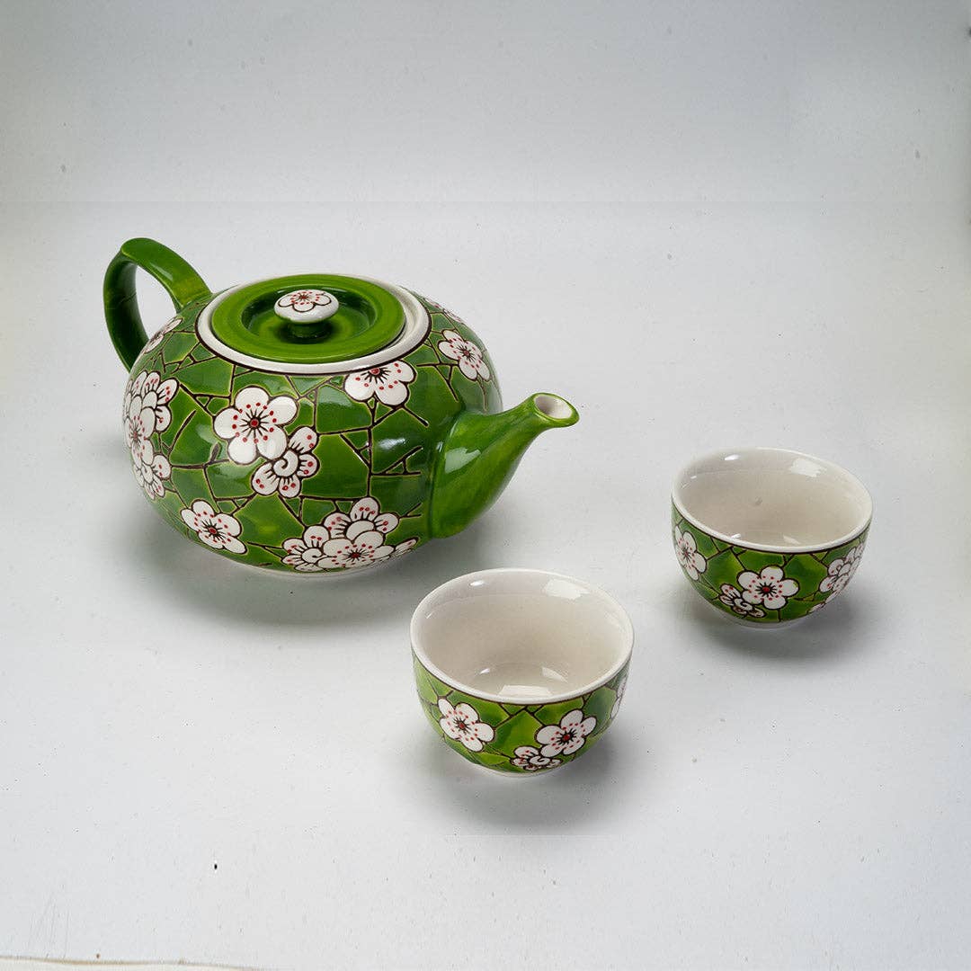 Ume Plum Blossoms Green Tea Set (Tea Pot with 2 Cups)