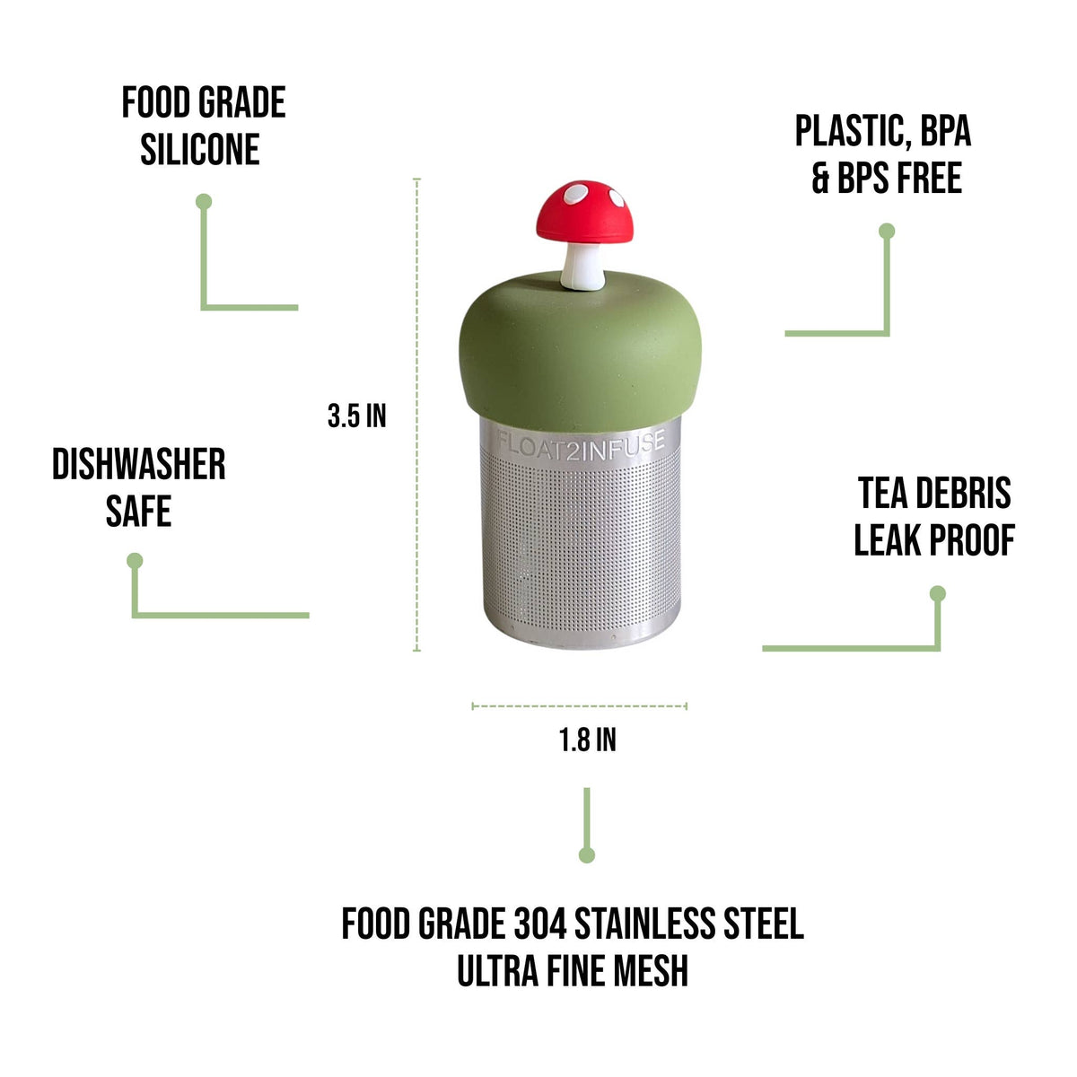 Mushroom | Floating Tea Steeper | Green Base | Red: Earth Green / Candy Apple Red Mushroom