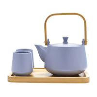 Blue Matte Glazed Tea Set 22 oz Tea Pot with 2 Cups and Wooden Tray (1/12)